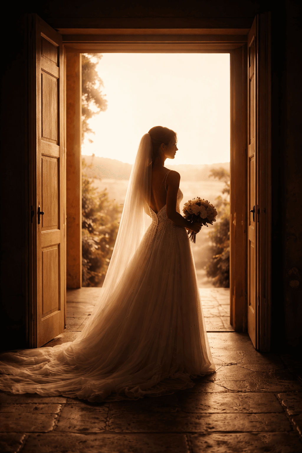 A bride standing in warm golden light near a doorway, creating a cinematic silhouette.