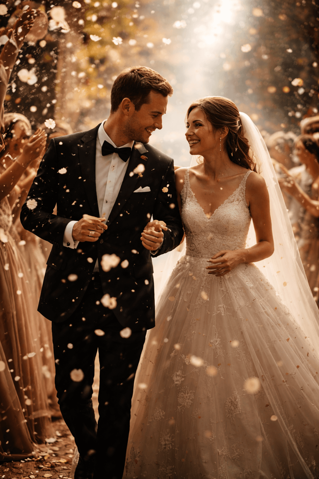 A wedding couple walking through confetti during celebration, motion captured mid-step.