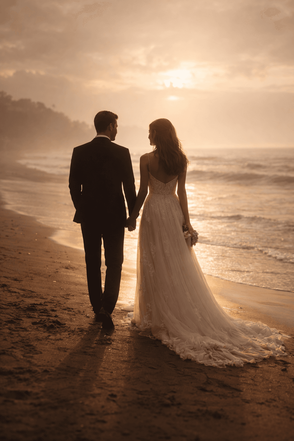 A bride and groom walking along the shoreline at golden hour, seen from behind.