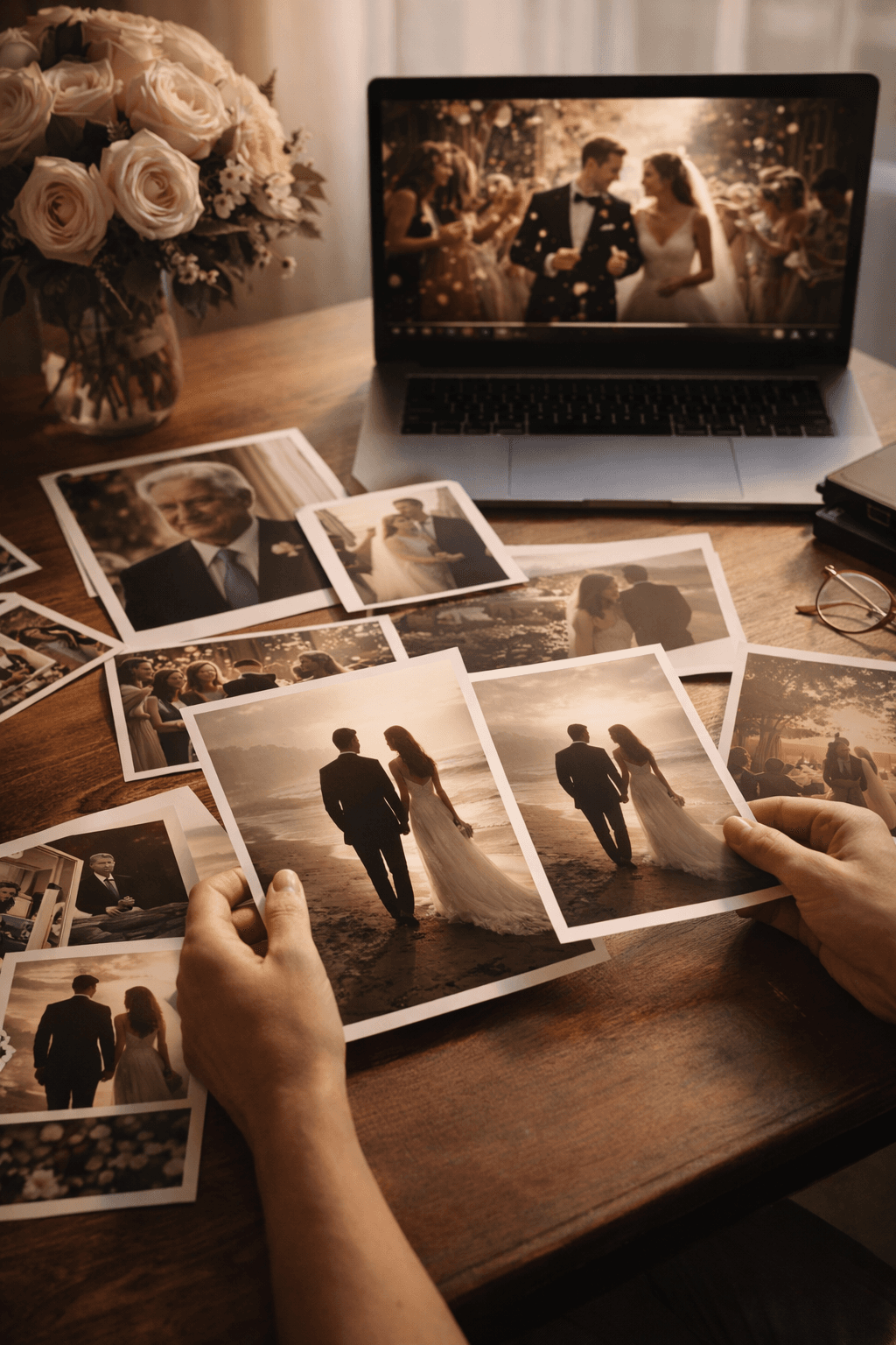 Wedding photos being curated into a cinematic wedding film